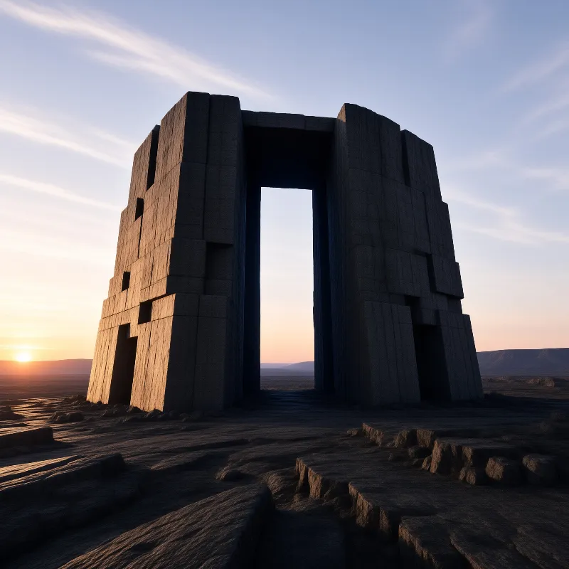 A massive blocky stone structure rises from a rocky plain as the sun sets on the horizon casting long shadows.