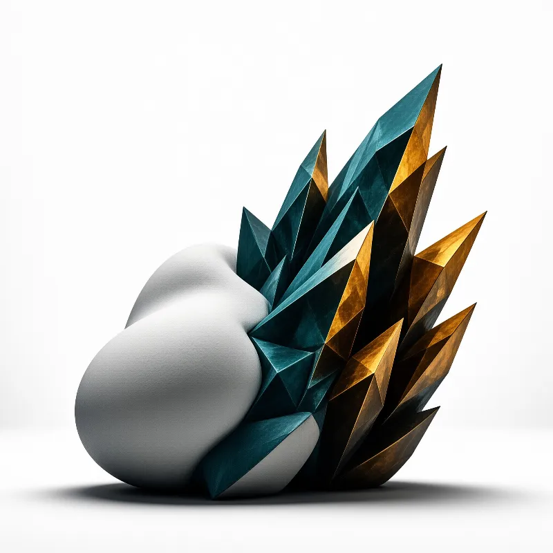 Jagged turquoise and gilt crystal spikes burst from a smooth pale boulder against a clean white backdrop.