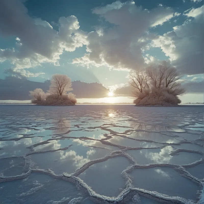 Frost covered trees rise from small islands in a vast cracked ice field beneath a sunlit cloudy sky.