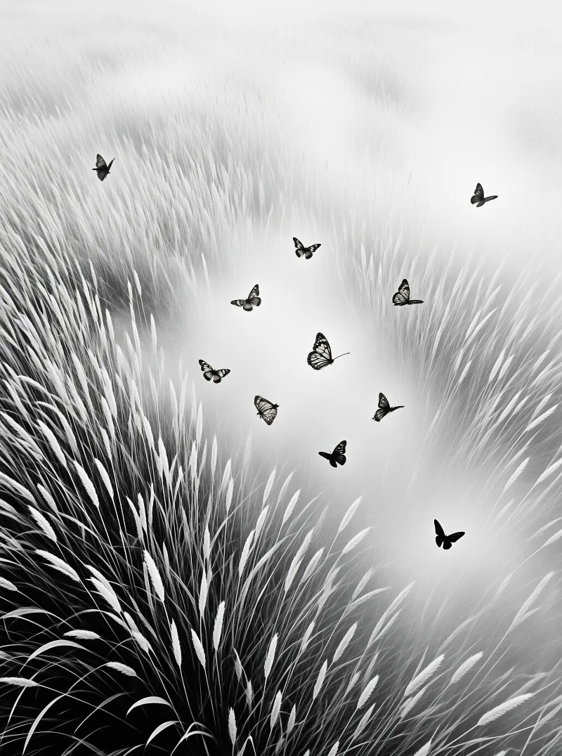 A monochrome view of tall grass and many butterflies flying above it in a bright misty field