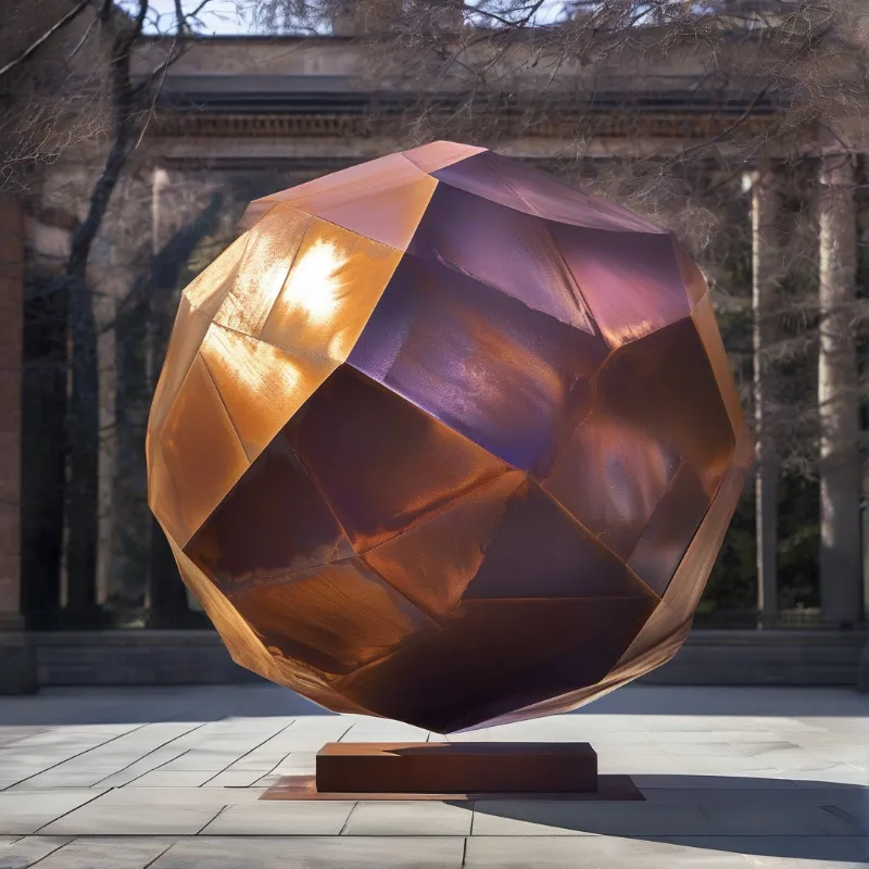 A large faceted metallic sphere hovers above a base in a paved plaza with a classical building and bare trees behind it.