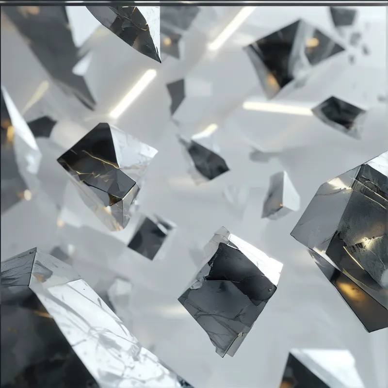 Sharp dark glass fragments drift through a luminous pale space with soft glowing bars