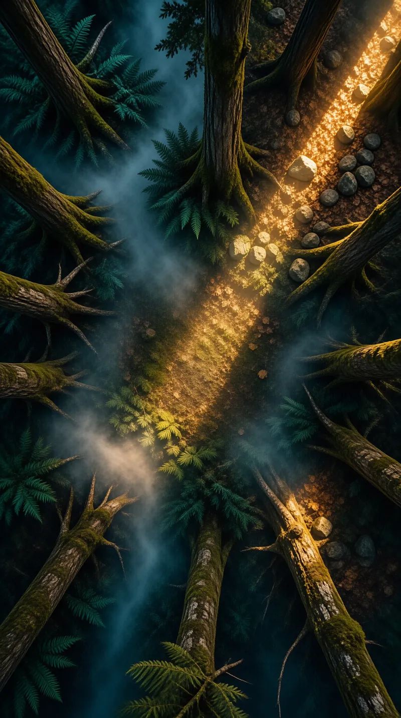 Moss covered trunks radiate outward around a strip of golden light falling on ferns and stones.