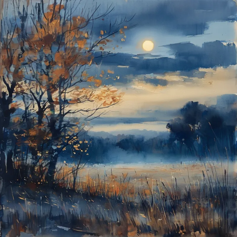 Impressionist painting of orange-leaved trees bordering a foggy blue landscape with a glowing sun in the cloudy sky.