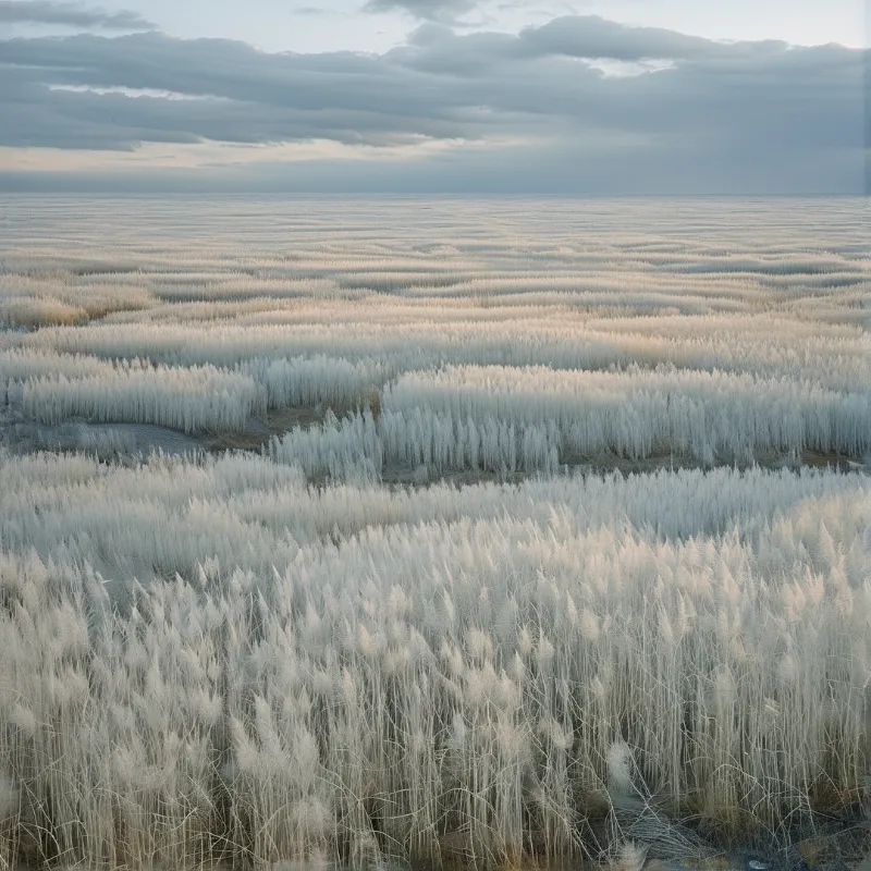 Endless stretches of white frosted vegetation blanket the ground beneath a muted grey sky.