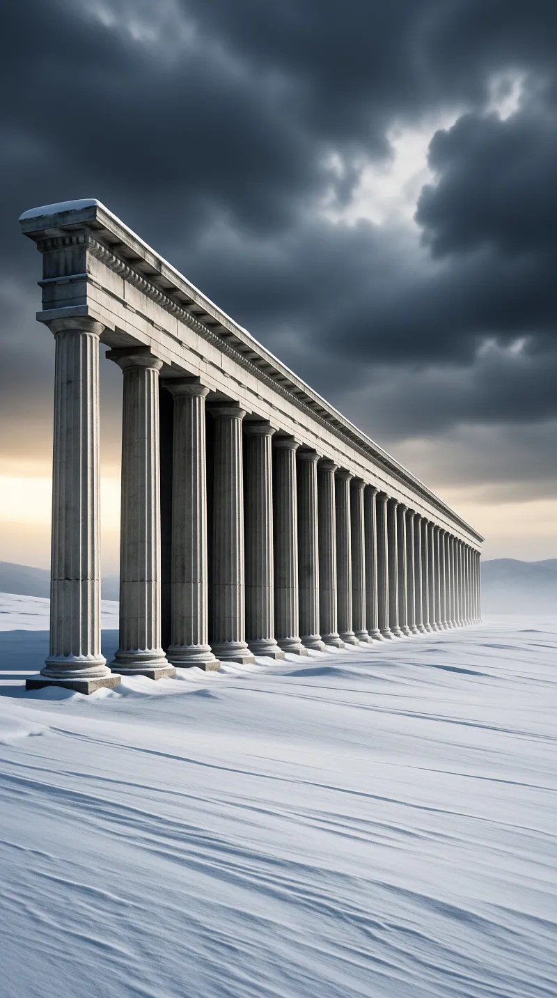 A long row of ancient stone pillars stands on a vast white snowfield beneath heavy dark storm clouds and pale warm horizon light.
