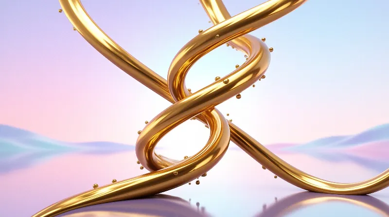 Two shiny metallic tubes intertwine amidst floating droplets against a soft lavender and blue gradient background.