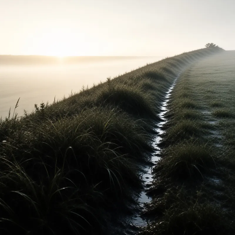 Water flows through a grassy embankment as low sun lights a foggy horizon in soft golden tones.