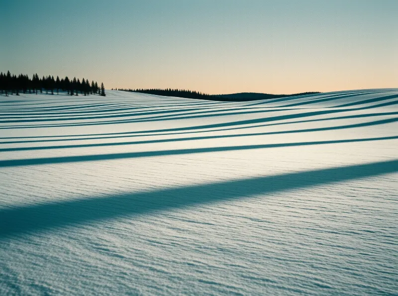 Pale sky meets a snowy landscape where dark striped shadows extend from a distant forest edge.