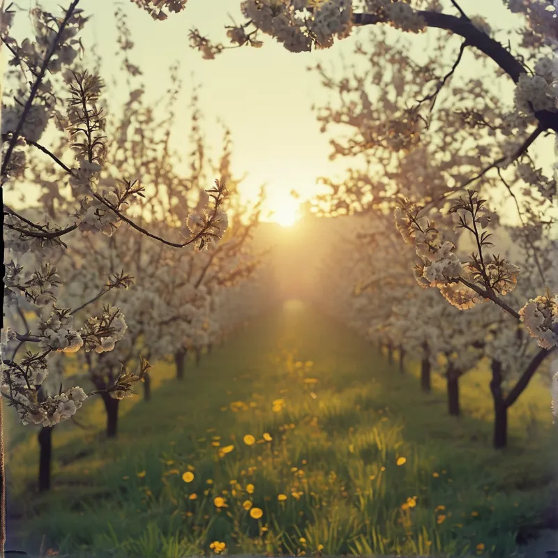 Rows of blooming trees frame a sunlit path with golden light and yellow wildflowers on the grass.