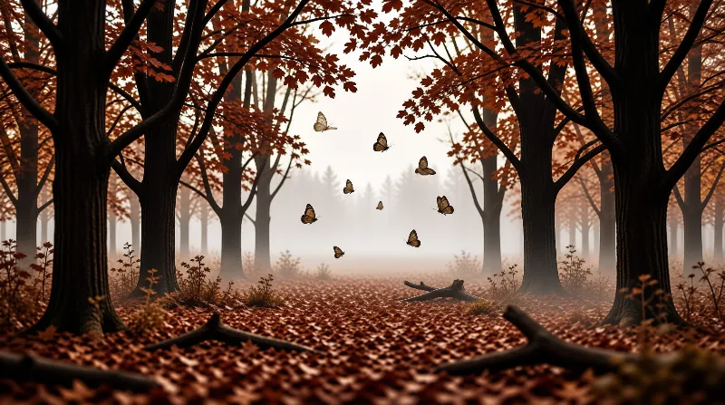 Dark maple trunks frame a misty autumn wood while pale butterflies drift above a carpet of fallen leaves.