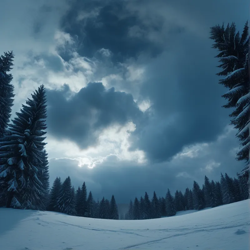 Snow-covered conifers line a wide snowy expanse beneath a dark cloudy sky with faint sunlight peeking through the gap.