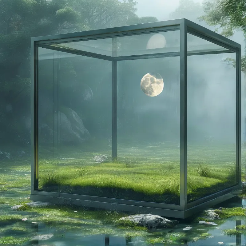 A steel framed glass room stands open in a foggy forest clearing, holding a pale full moon above wet moss.