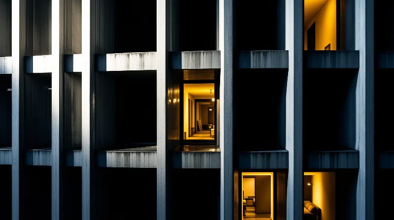 Dark grey architectural columns surround openings revealing bright yellow hallways and furniture.