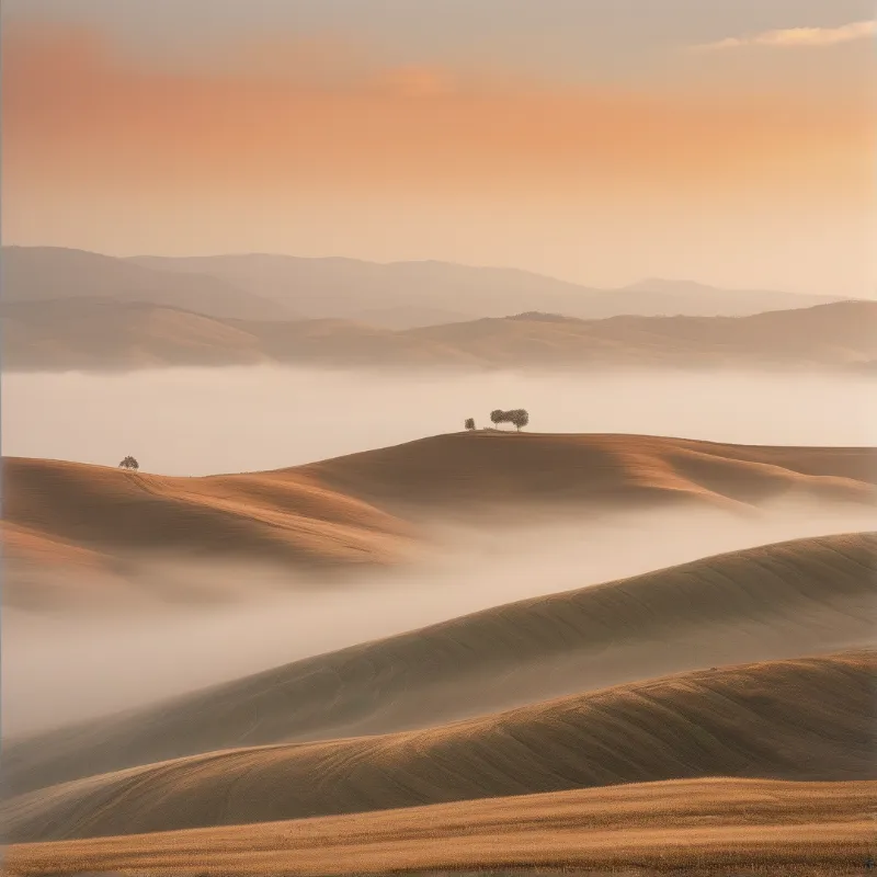 Warm ochre rolling hills rise above thick low fog at dawn, dotted with small trees under a hazy peach toned sky