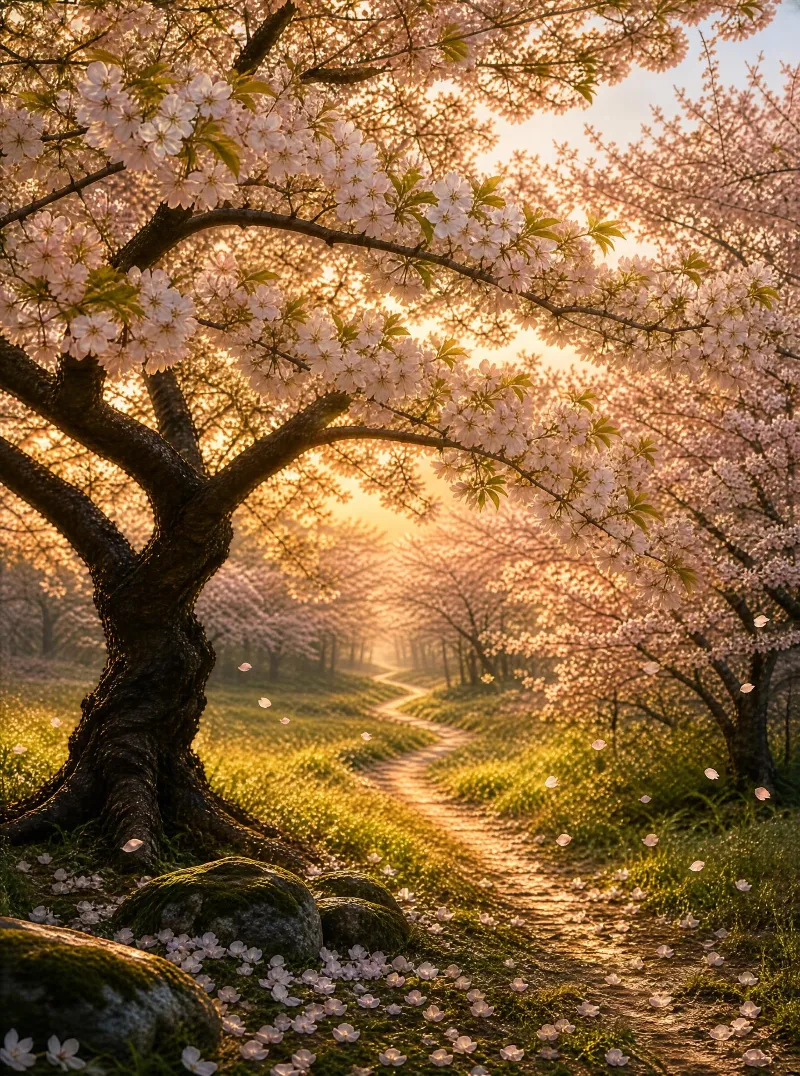 Cherry Blossom Path at Sunset