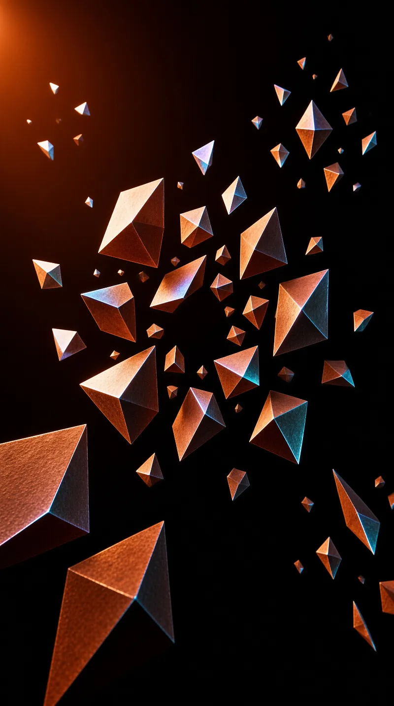 Faceted bronze geometric shapes drift through a dark space illuminated by a warm orange glow from the upper left corner.