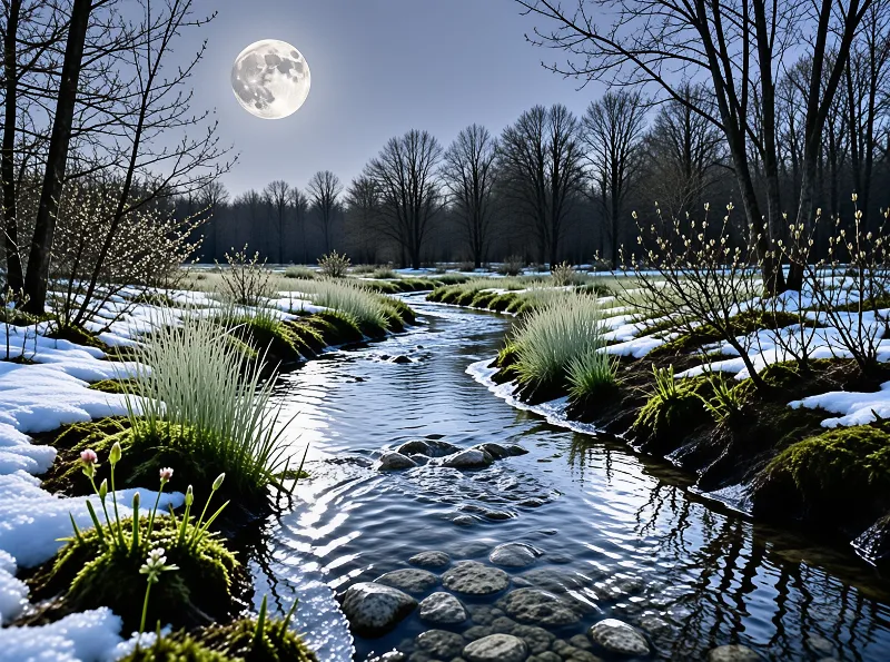 A small stream flows over stones while snow covers the banks under a large moon.