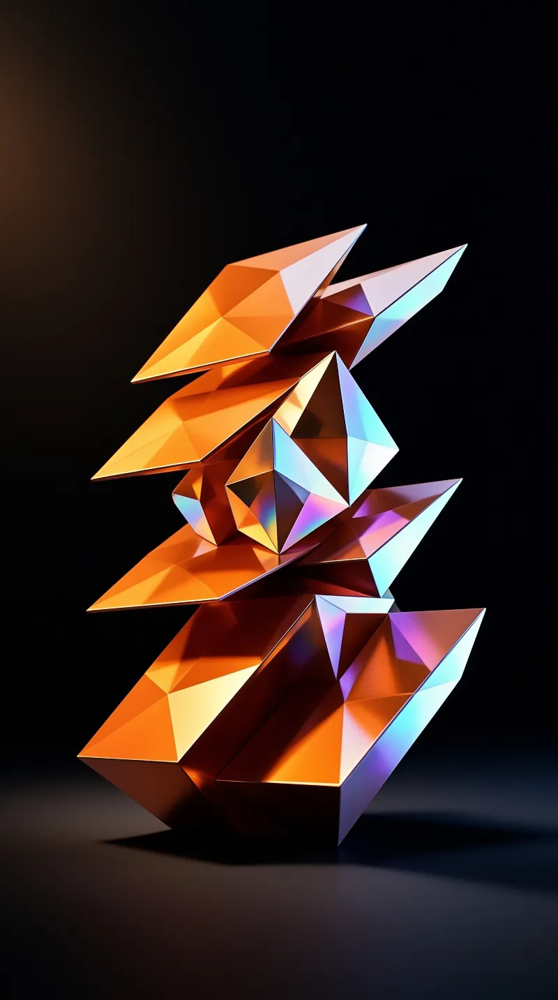 A twisted faceted structure with copper orange panels and iridescent blue sides stands isolated against a stark black background.