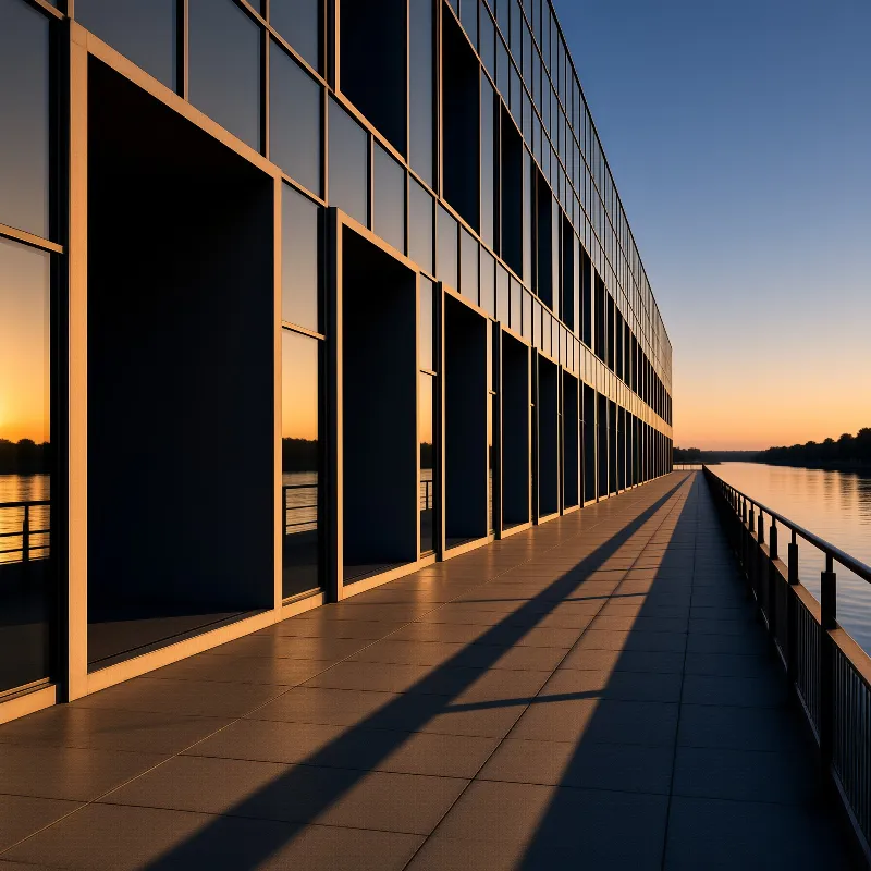 Modern glass architecture beside calm water at sunset casts long shadows across a paved waterfront walkway.