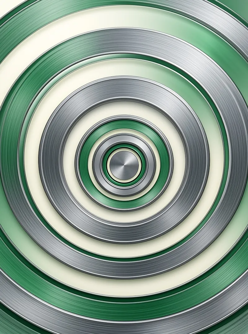 Nested circular bands alternate polished silver metal with soft green and ivory layers, receding toward a central disc.