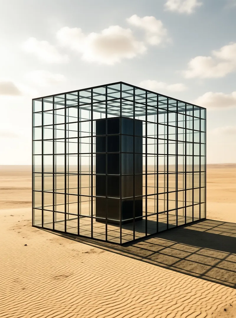 A black-framed glass cube stands open on rippled desert sand, enclosing a solid dark monolith beneath a soft cloudy sky