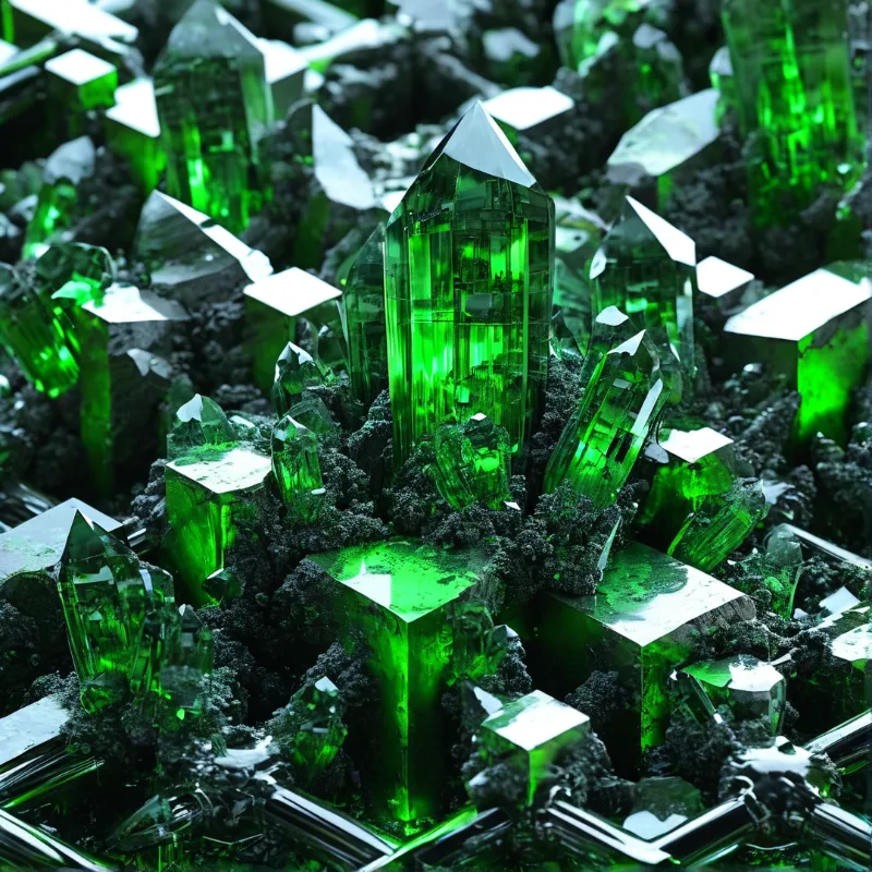 Green translucent crystals emerge from a black rough base with bright white highlights on their geometric faces.