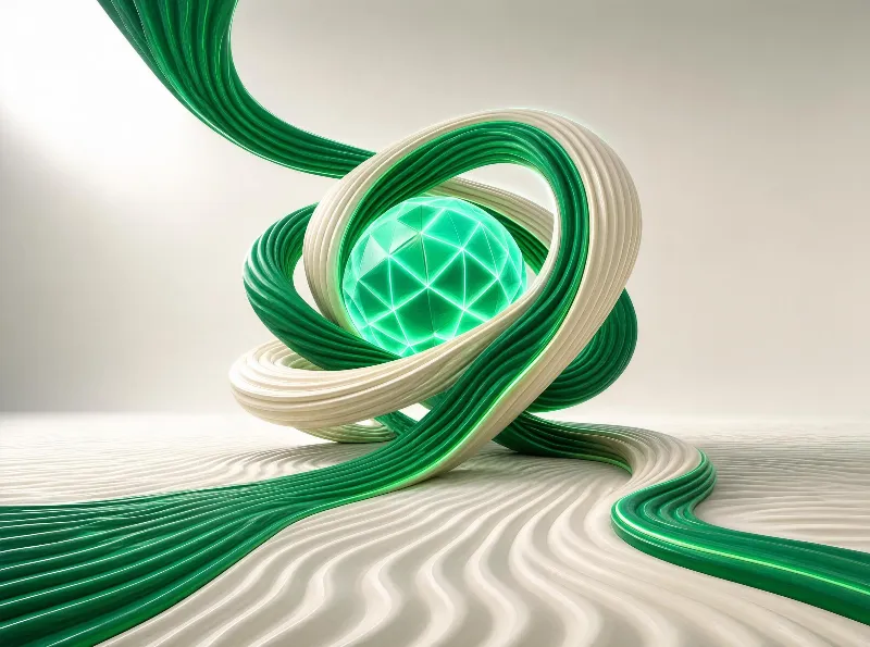 A luminous green geometric sphere surrounded by intertwined green and white twisted ribbons on a smooth, flowing surface with soft lighting