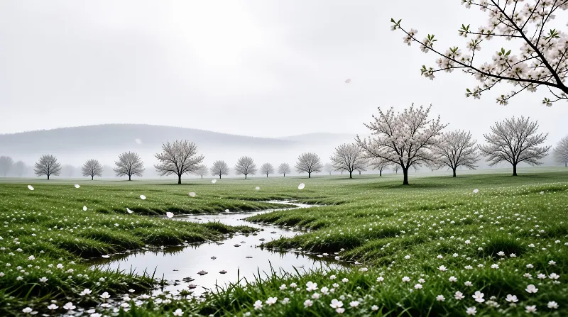 Misty Field with Blossoms
