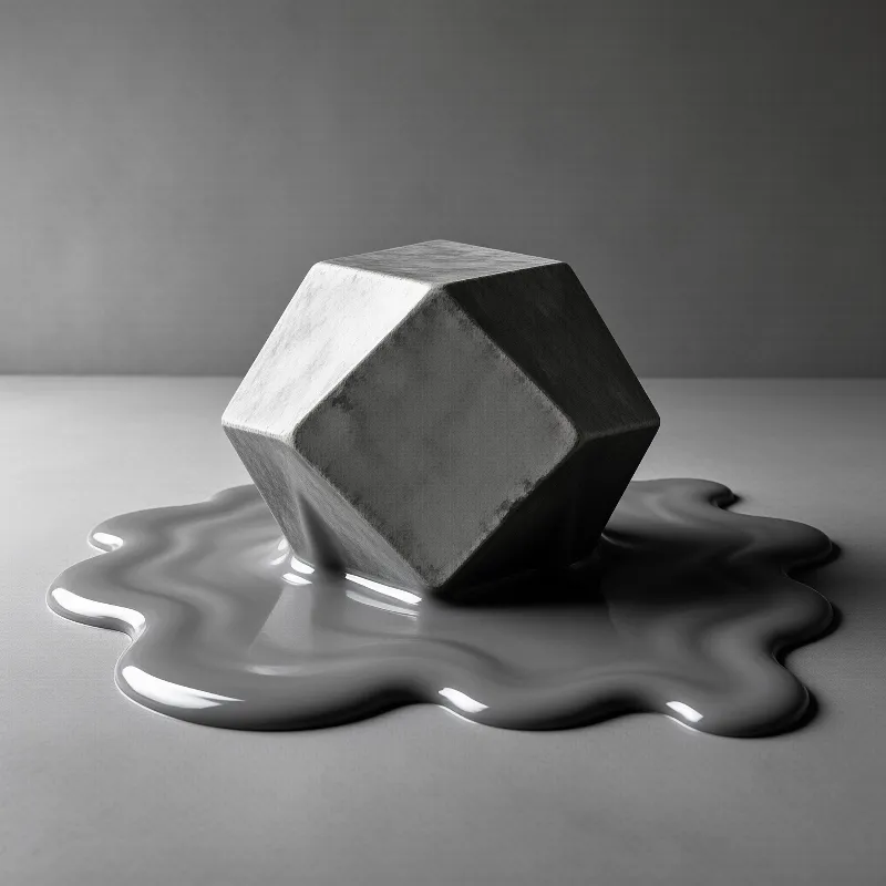 A faceted grey concrete solid sits half sunk in a glossy pool of liquid mercury on a neutral ground