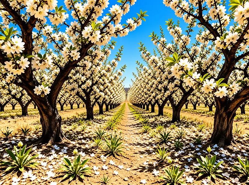 Rows of gnarled fruit trees covered in white blossoms converge down an orchard path under a clear blue sky.
