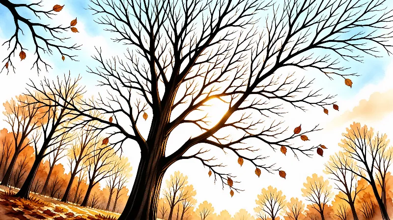 A dark tree stands in an autumn forest while golden sunlight filters through its branches and scattered orange leaves drift.