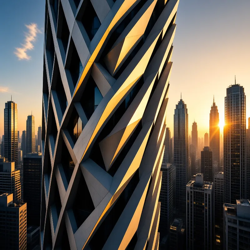 A towering structure with a crisscrossing white exterior stands before a dense city skyline as the sun casts warm light.