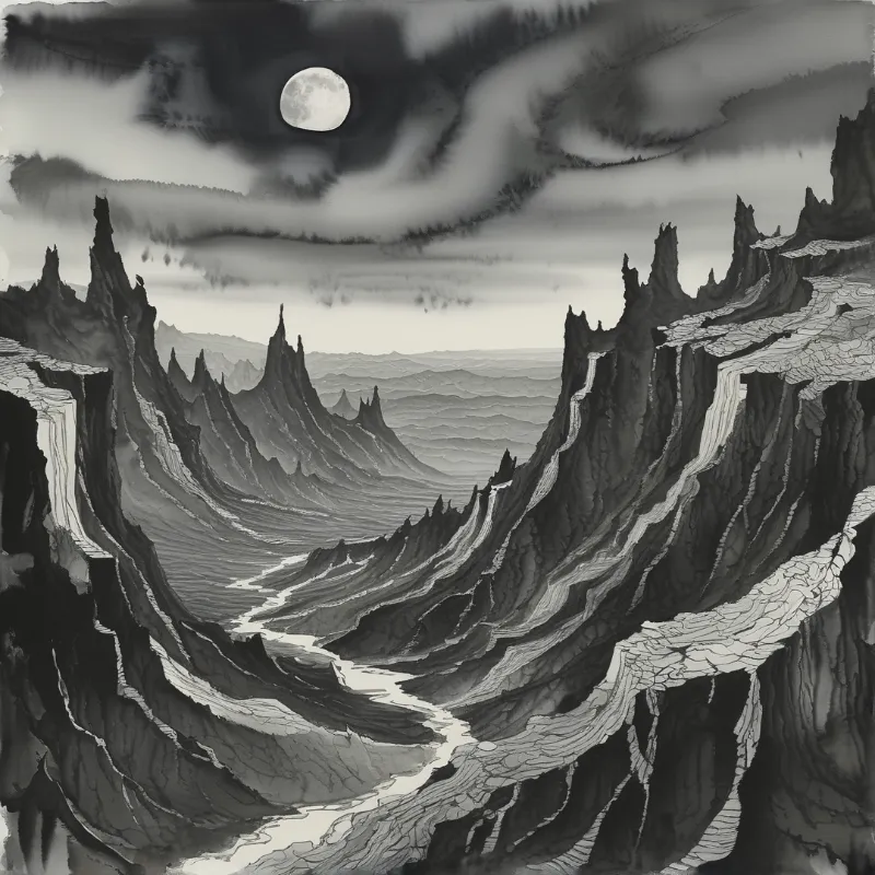 A monochromatic landscape showing sharp mountain ridges, winding valleys, and a bright full moon partially veiled by clouds.