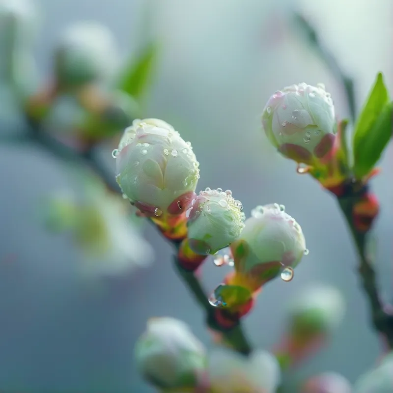 Pale green and pink flower buds sit on a branch covered in clear water droplets against soft blurred blue tones.