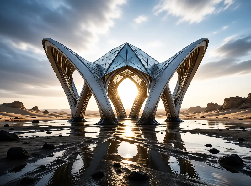 A futuristic white pavilion with wing-like supports stands on wet sand as the sun illuminates its central archway.