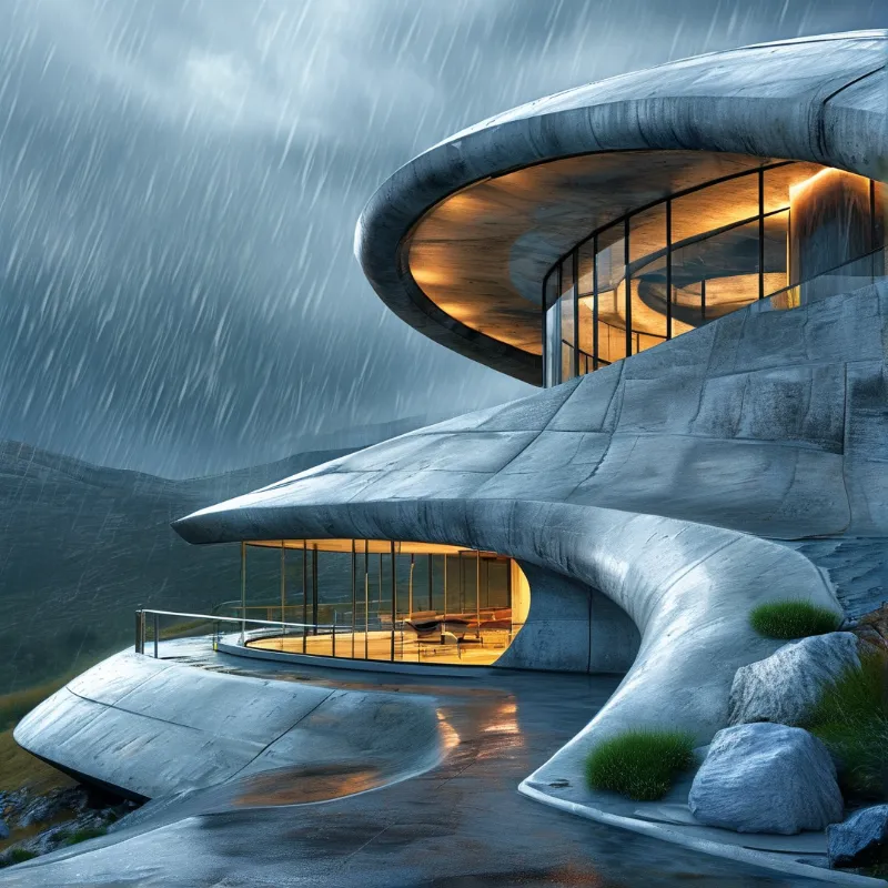 Futuristic curved concrete house on a rocky hillside in heavy rain with warm orange light shining through large glass windows