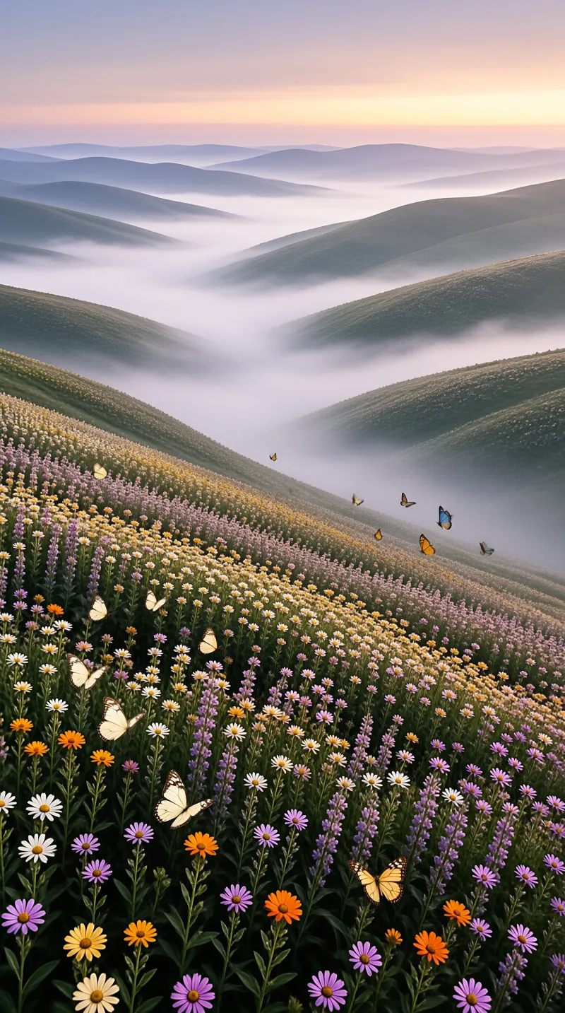 A hillside carpeted in purple, white, and orange wildflowers overlooks rolling green ridges veiled in drifting morning mist