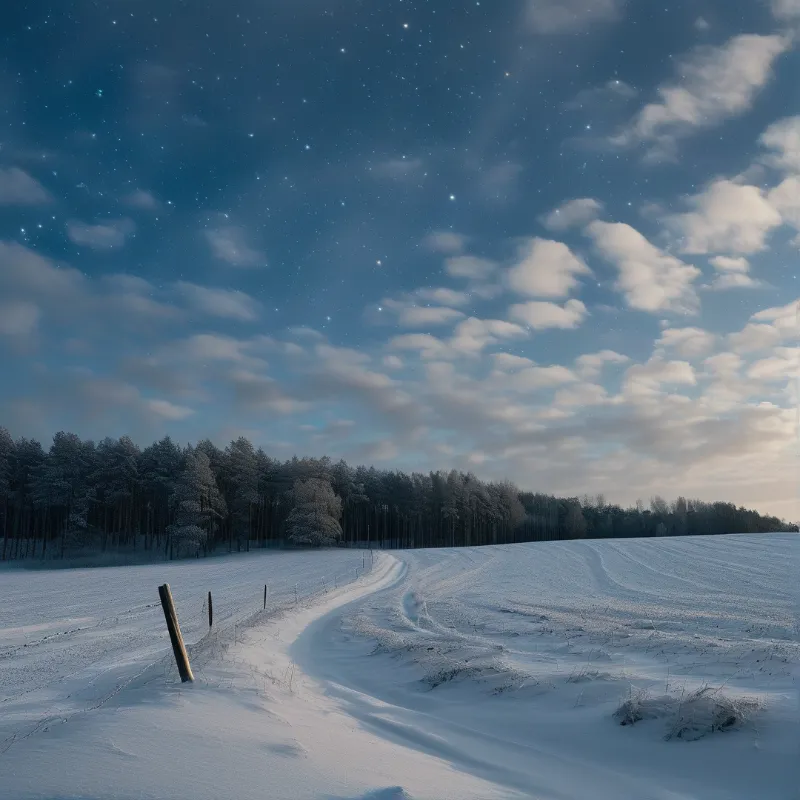 A white road curves through a field towards a dark treeline while clouds drift across a starry sky