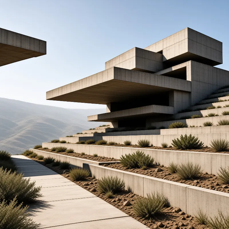 A massive tiered concrete structure featuring deep overhangs sits atop dry terraced hills under a clear blue sky.