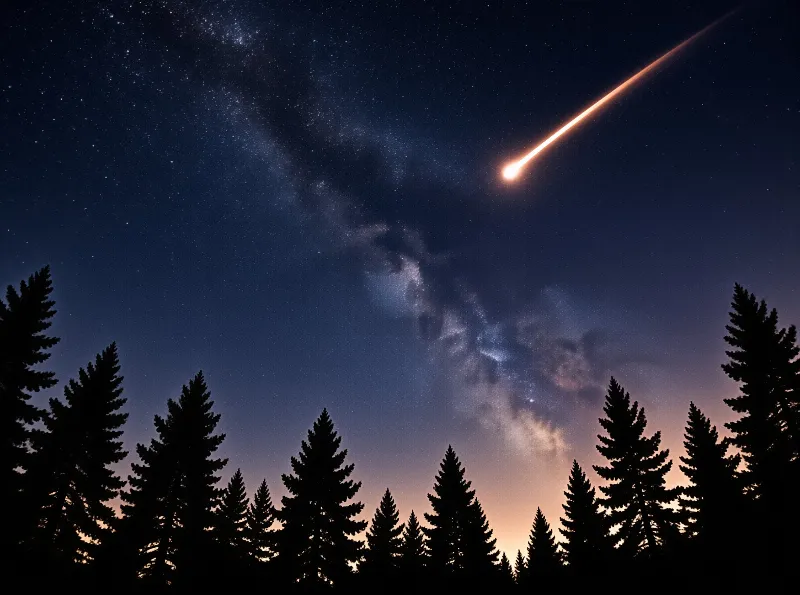A bright orange meteor leaves a trail across a starry blue sky above silhouetted pine trees.