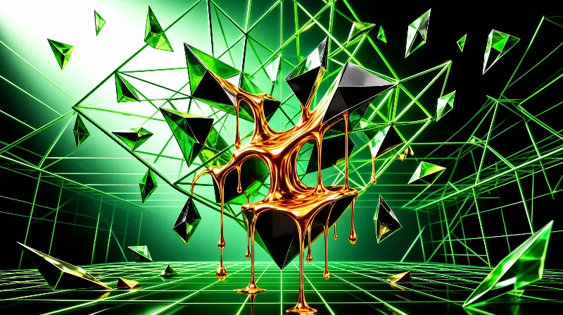 Glowing shards of emerald crystal float across a neon grid while molten copper pours over their dark faces