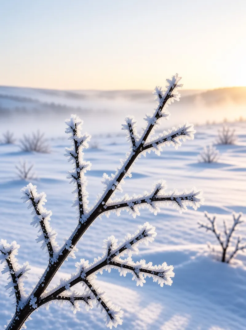 A dark branch coated in white rime ice stands against a snowy landscape bathed in warm golden light.
