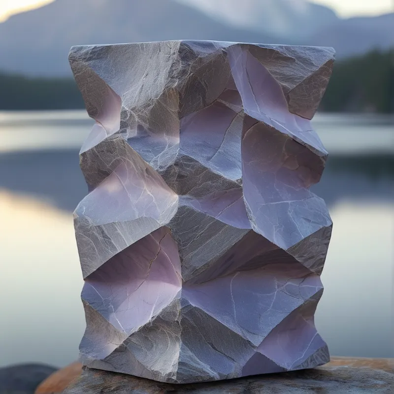A faceted stone block with pale purple crystalline facets rests on a shoreline rock beside a calm lake and mountains at dusk