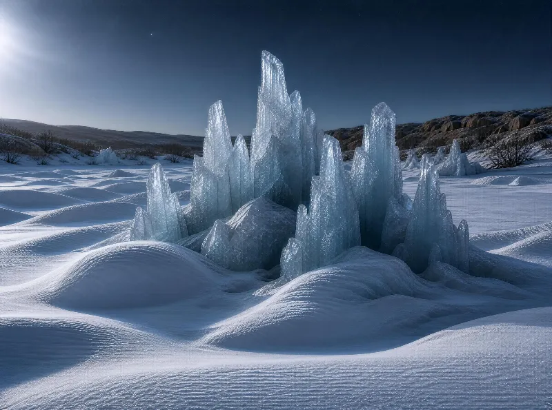 Ice Formations in Snowy Landscape