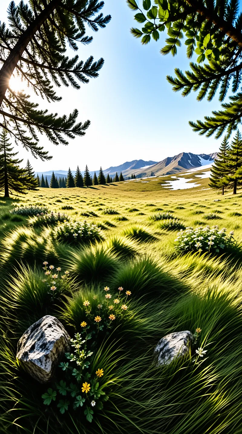 Sunlight rakes across tufted green grass and blooming daisies, with granite stones and snow streaked peaks beyond.