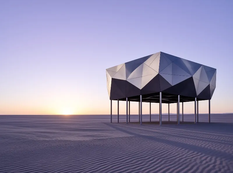 An angular mirrored shelter raised on slender columns casts long shadows across dune ripples at first light.