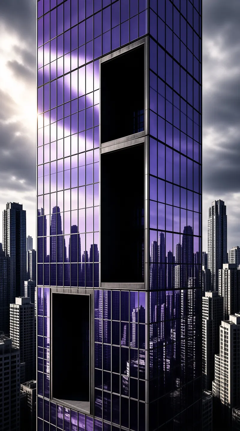 Tall glass skyscraper with reflective facade mirroring purple sunset sky and distant urban skyline with dark recesses.