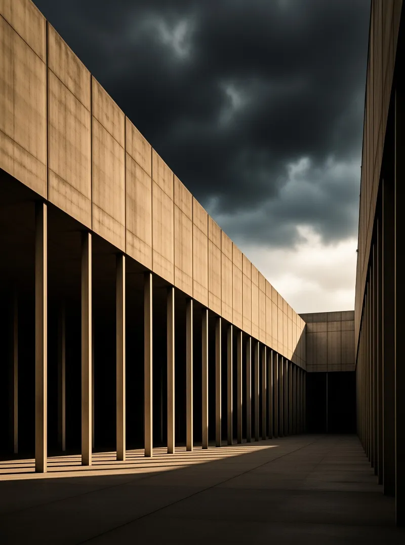 An empty concrete colonnade corridor is washed in warm slanting light while dark storm clouds hang above the open passage.