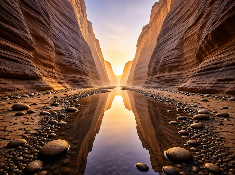 A still pool mirrors towering sunlit canyon walls while smooth pebbles line the narrow desert passage
